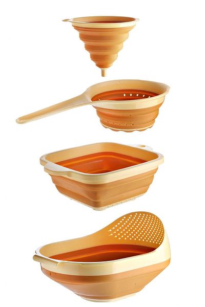 Vienev 4 Piece Yellow Accordion Strainer Set - Brass, Funnel & Handle and Square Design