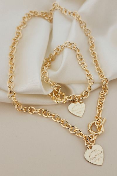 Luxe Loom Zarafetin Işıltısı Women's Gold Straw Detail Small Heart Tiffany & Co Model Necklace Bracelet Set