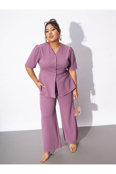 Sassafras By Styli Plus Front Button V Neck Top & Pants Co-Ords