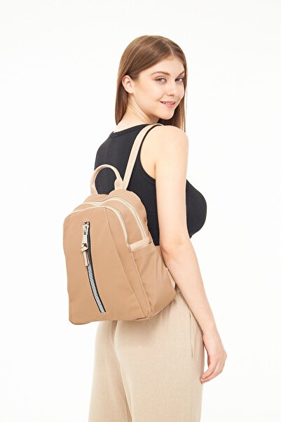 Morpelikan Γυναικείο σακίδιο πλάτης με φερμουάρ με λεπτομέρειες πολλαπλών διαμερισμάτων σε ανοιχτό καφέ χρώμα