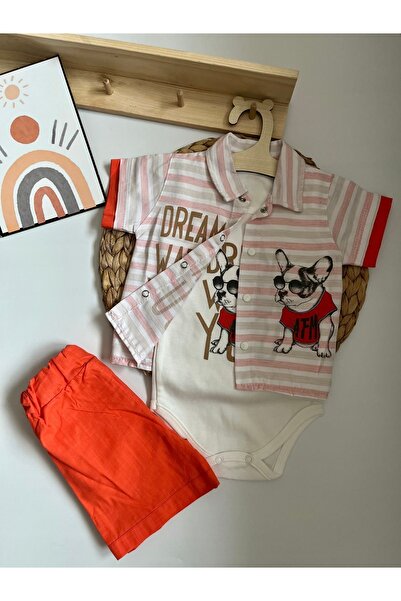 Miraydın Butik 3-Piece Set for Baby Boy - Striped, Animal Detailed Shorts, Shirt and Bodysuit
