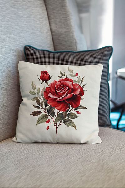Şah Dekor Nature Themed Flower Patterned Digital Printed Throw Pillow Cover in Red Cream Colors