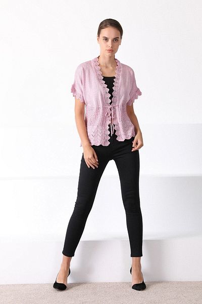 Ferraro Women's Pink V-Neck Lace Detailed Knitwear Cardigan