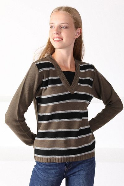 Ferraro Pulover de damă din tricot din lână cu decolteu în V din nurcă