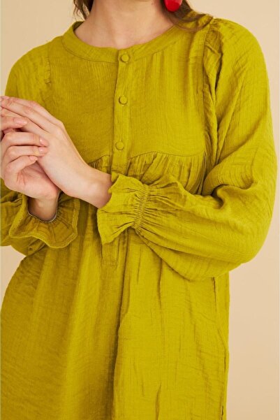Basicpark Pinky Buttoned Smocked Linen Olive Tunic Trousers