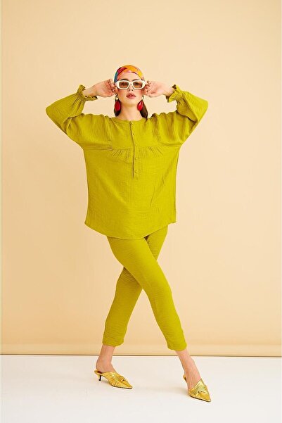 Basicpark Pinky Buttoned Smocked Linen Olive Tunic Trousers