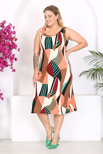 Madwilo Plus Size Salmon Green Geometric Patterned Strappy Women's Dress