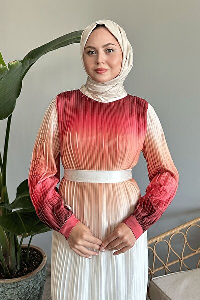InStyle Geçişli Piliseli Somon Saten Elbise