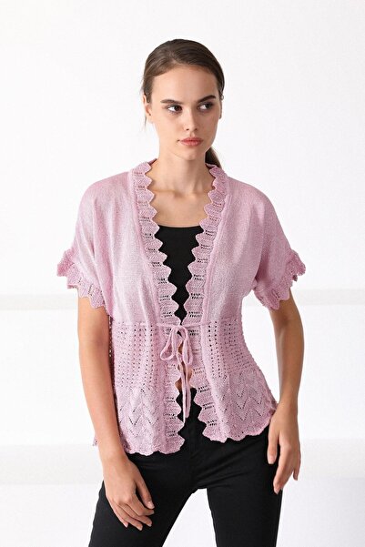 Ferraro Women's Pink V-Neck Lace Detailed Knitwear Cardigan