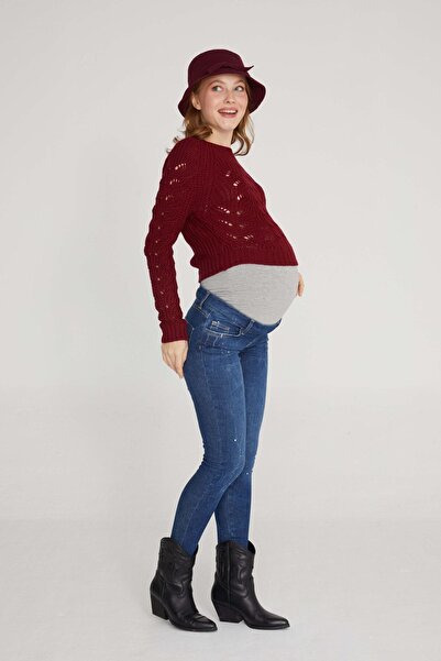 VAVIEN Kadın Mavi Skinny Likralı Denim Hamile Pantolonu 1087