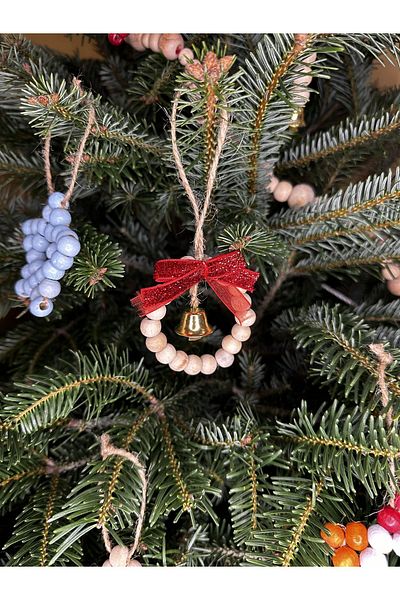 ZELA 3-Piece Bell Wooden Beaded Red Ribbon Christmas Tree Ornament Decorative Ornament