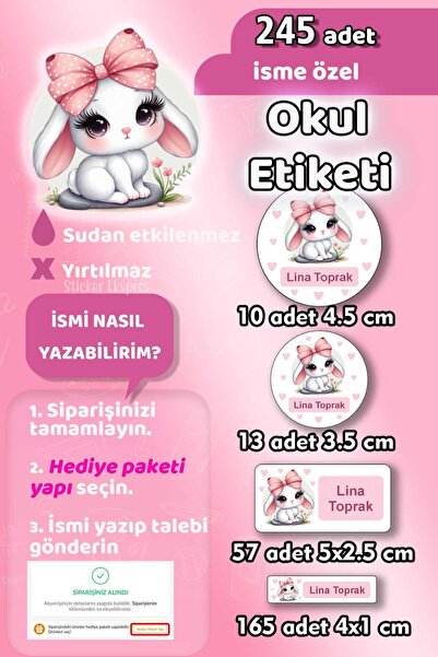 Sticker Ekspres Okul Etiketi Şirin Tavşan Kalem Defter Etiketi Özel İsim Yazı...
