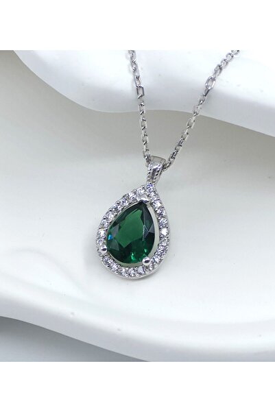 vüs jewel Zümrüt Yeşili Damla Model Gümüş Kolye