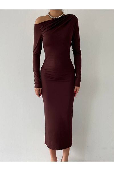 Natavan Brown Half Shoulder Dress