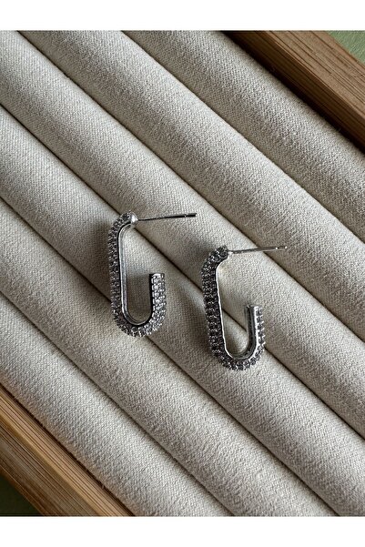 ringbox Gümüş Renkli Yarım Oval Zirkon Taşlı Küpe