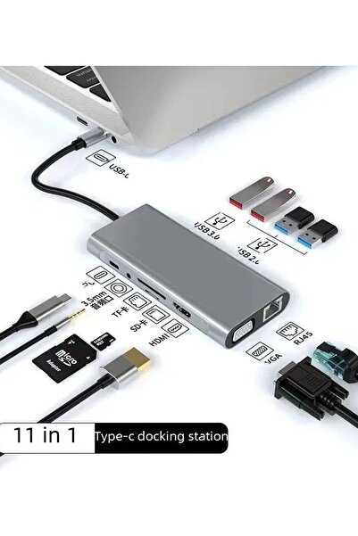 PASACO Macbook Pro Air Type C Hub Pd Şarj Hdmı Sd Network Vga Girişli 11 In 1 Hub Çevirici Dönüştürücü