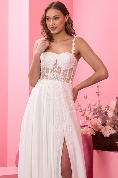 Lenta Moda Leaf Patterned Lace Chiffon Evening Dress - Wedding Dress with Straps