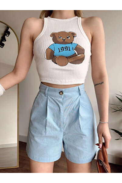 Jose Clothing Γυναικεία μπλούζα Crop Halter White Bear με τύπωμα