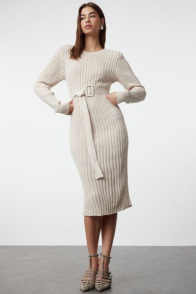 Trendyol Collection Μπεζ Μίνι Πλεκτό Ζώνη Φόρεμα TWOAW23EL00444