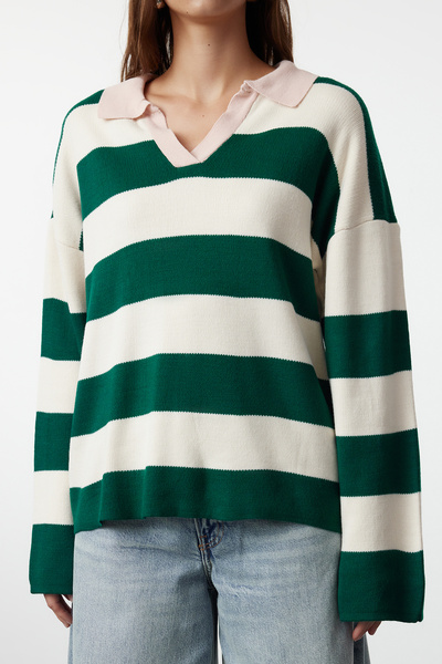 Trendyol Collection Wide Fit Khaki Striped Knitwear Sweater - Twoaw23Kz00008