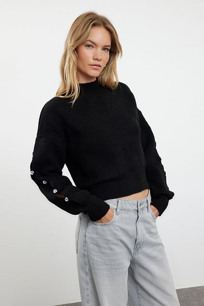 Trendyol Collection Fekete puha textúrájú gombos részletes kötöttáru pulóver TWOAW24KZ00384