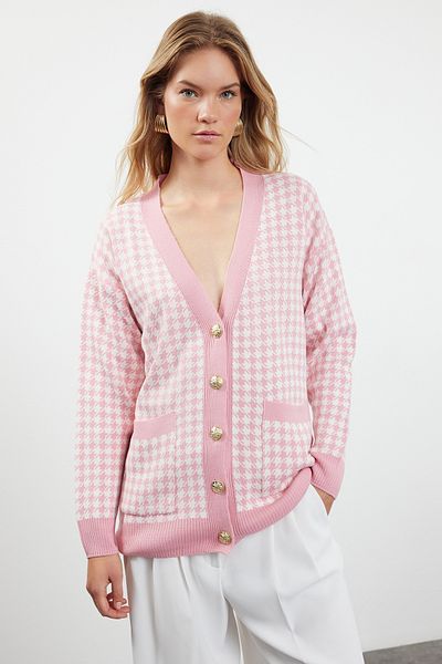 Trendyol Collection Rosa Strick-Cardigan mit weiter Passform - Hahnentrittmuster TWOAW22HI0179