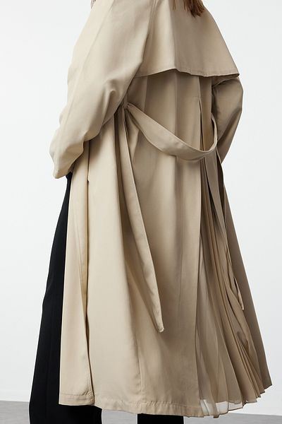 Trendyol Collection Beige Oversize Wide Cut Chiffon Detailed Pleated Trench Coat TWOSS24TR00019