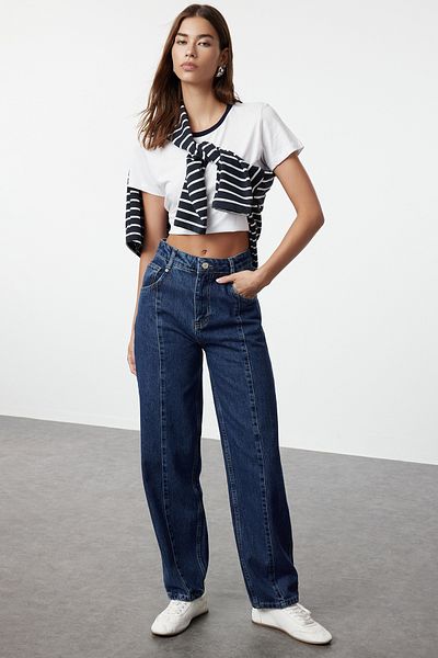 Trendyol Collection Blugi Blue Barrel Talie Înaltă - Cu Detaliu Cusătură TWOAW25JE00061