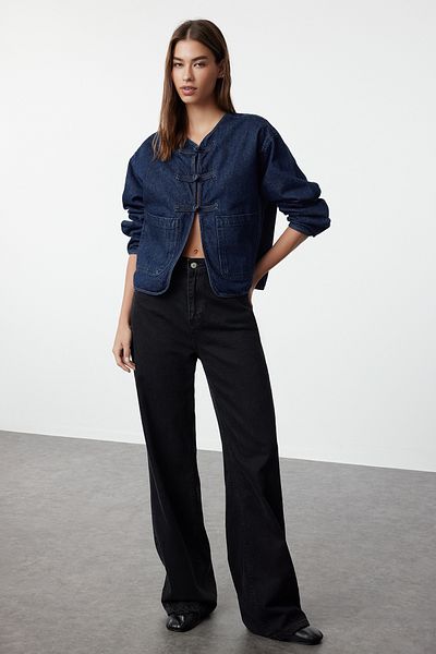 Trendyol Collection Jachetă de blugi supradimensionată, durabilă, albastru închis - cu cravată în față TWOAW25CE00001