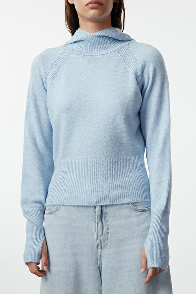 Trendyol Collection Pulover de tricotaj albastru cu degete - textura moale, glugă TWOAW25KZ00084