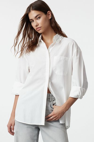 Trendyol Collection Ecru Stone Detailed Oversize Shirt - Striped on the Collar, Woven TWOAW25GO00026