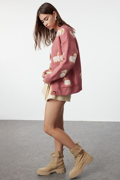 Trendyol Collection Animal Patterned Dried Rose Knitwear Cardigan - Soft Textured TWOAW21HI0476