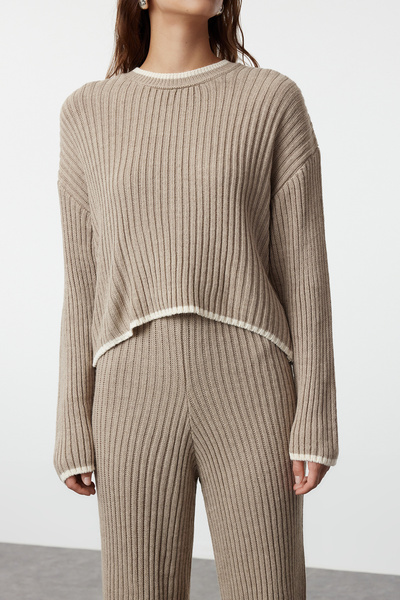 Trendyol Collection Mink Colorblock Crop kötöttáru szett - kordbársony TWOAW24AU00021