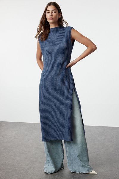 Trendyol Collection Пуловер от плетиво индиго с мека текстура - яка с стойка Twoaw25Sv00011