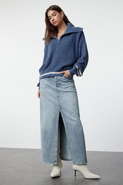 Trendyol Collection Cardigan de tricotaj cu dungi albastre cu guler răsturnat - TWOAW25HI00038