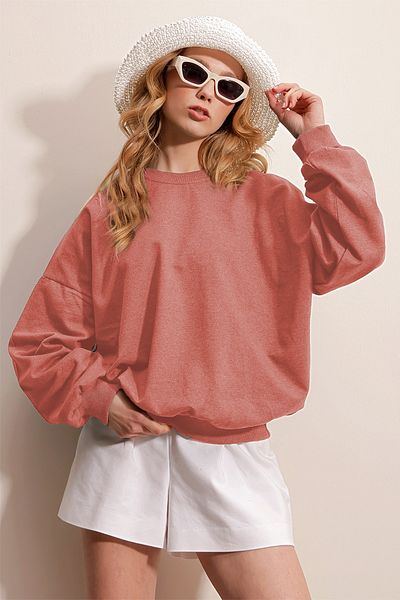 Trend Alaçatı Stili Dried Rose Crew Neck Oversize Women's Sweatshirt - ALC-669-001