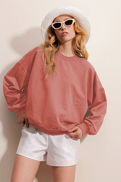 Trend Alaçatı Stili Dried Rose Crew Neck Oversize Women's Sweatshirt - ALC-669-001