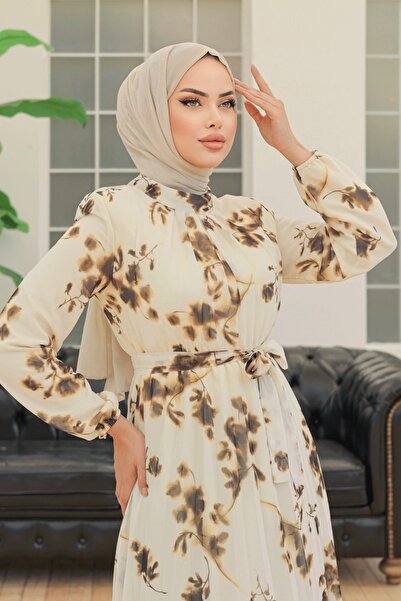 InStyle Batik Çiçekli Kahverengi Şifon Elbise