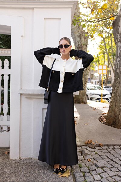 Askı Nişantaşı Maxi Length Black Satin Skirt with Elastic Waist and Hidden Zipper