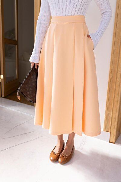 Askı Nişantaşı Flared Midi Skirt - Salmon Pleat Detail