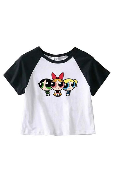 Touz Mânecă raglan crop albă imprimată pentru fete Powerpuff