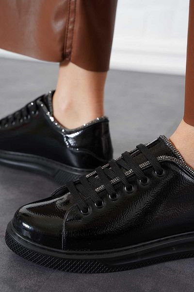 Moda Pie Pantofi sport pentru femei Zoreh Top Stone Tied Piele Lacuita Neagra