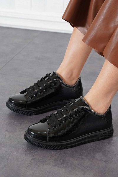 Moda Pie Pantofi sport pentru femei Zoreh Top Stone Tied Piele Lacuita Neagra
