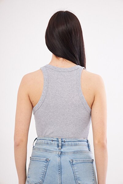 Urikem Women's Gray Ribbed Lycra T-Shirt Halter Neck Knitted Undershirt