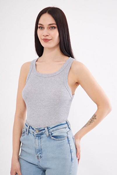 Urikem Women's Gray Ribbed Lycra T-Shirt Halter Neck Knitted Undershirt