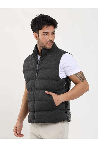 Dufy Men's Puffer Vest Coat - Smoke Regular Fit, Straight Zipper, Stand Collar - 96258
