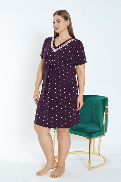 İntensive Plus Size - Stretch σατέν νυχτικό από βισκόζη, σχέδιο καρδιάς και κοντό μανίκι
