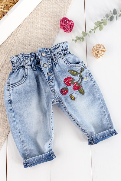 Babymod Çilek Nakışlı Denim Kumaşlı Beli Lastikli Kız Bebek Kot Pantolon