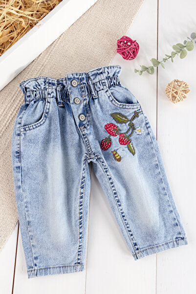 Babymod Çilek Nakışlı Denim Kumaşlı Beli Lastikli Kız Bebek Kot Pantolon