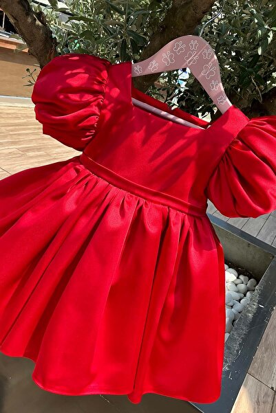 Bertuğ Bebek Saten Kırmızı Kız Çocuk Bebek Balon Kol Abiye Kabarık Elbise